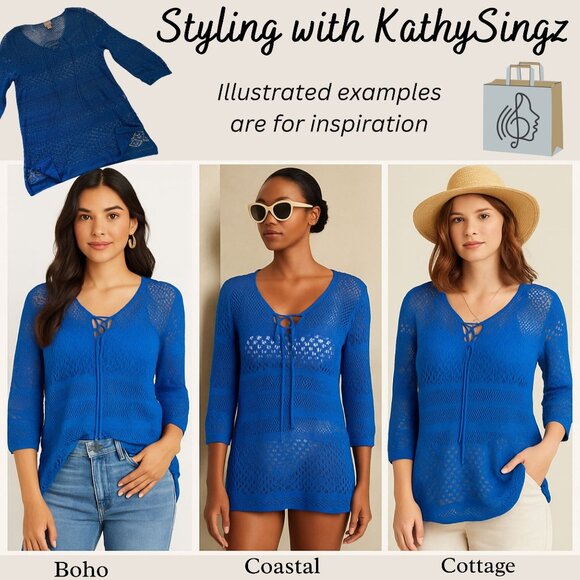 Chicos Blue Crochet Knit Top Size M Swim Cover Up Pullover Lightweight Color Pop - Picture 3 of 12